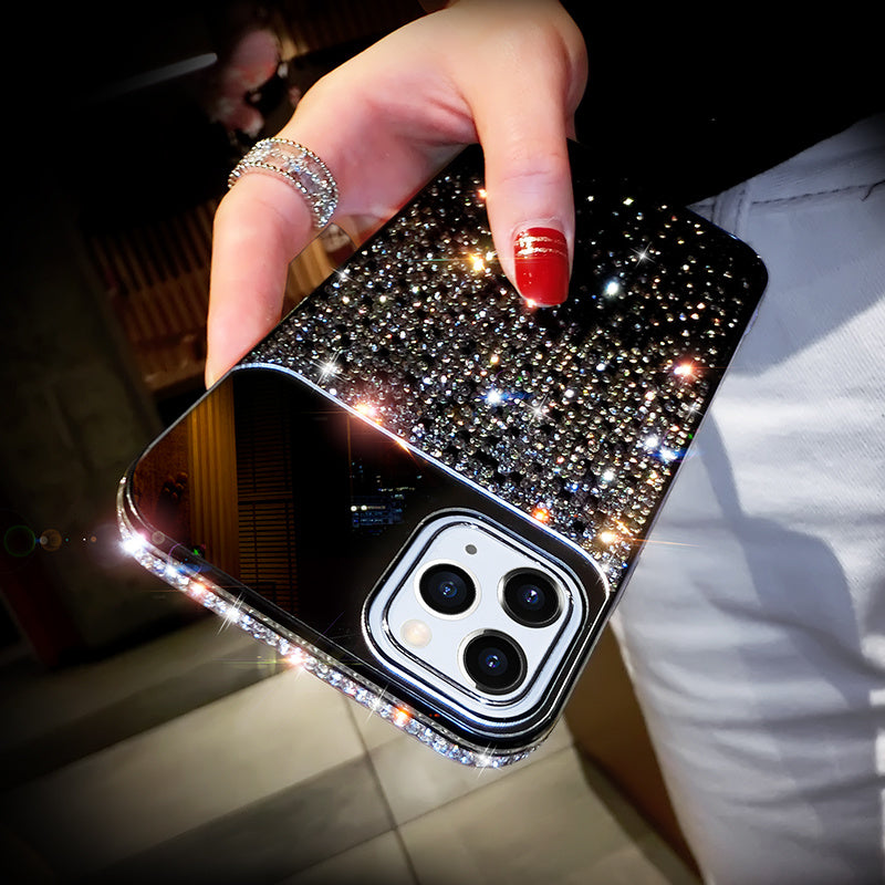 European And American Punk Gradient Rhinestone Makeup Mirror Phone Case