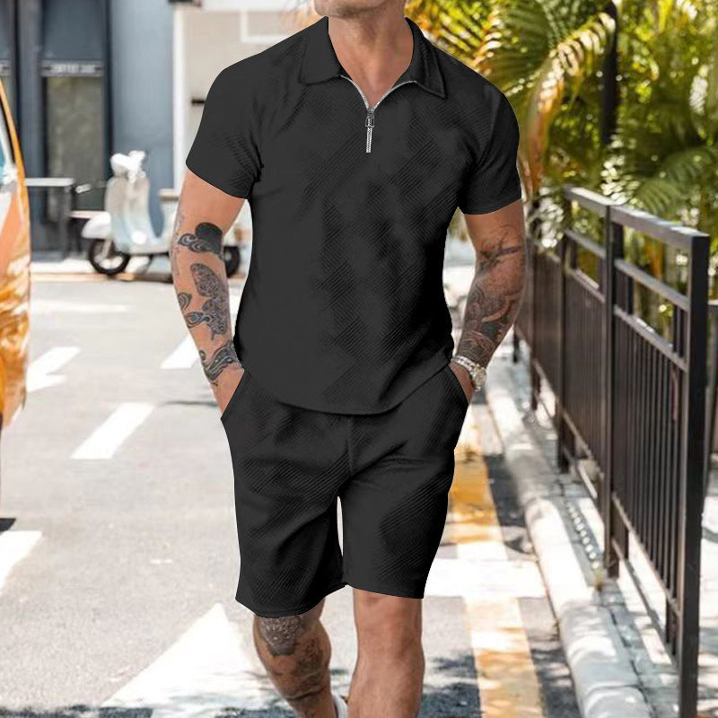 Zipper Polo Short Sleeve Shorts Set