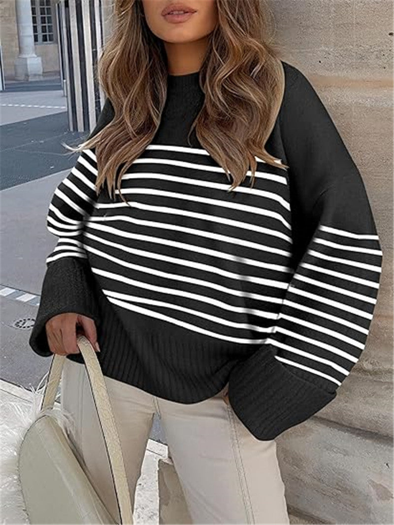 Women's Round-neck Long Sleeve Oversized Plush Knitted Thick Thermal Head Cover Striped Sweater