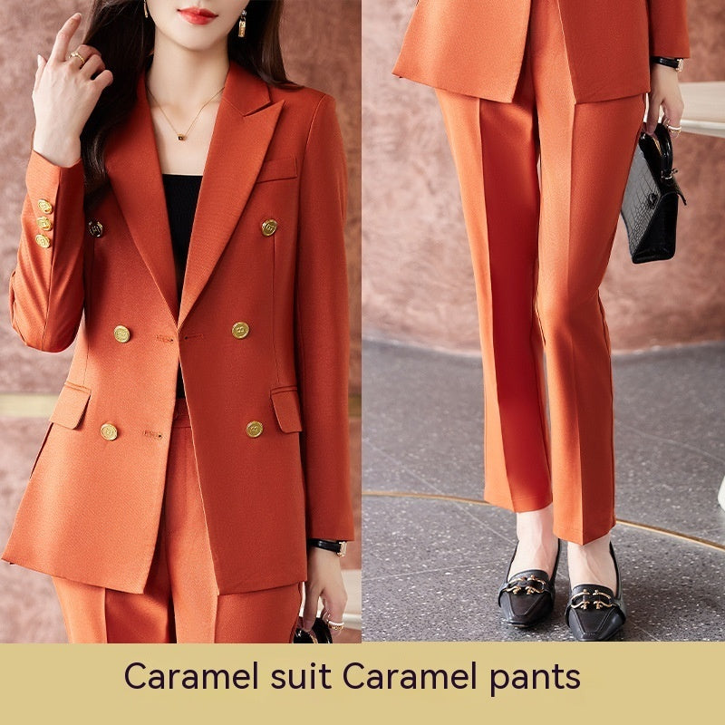 Caramel Suit Women's Fashion Temperament Double Breasted High Sense Slim Fit Suits