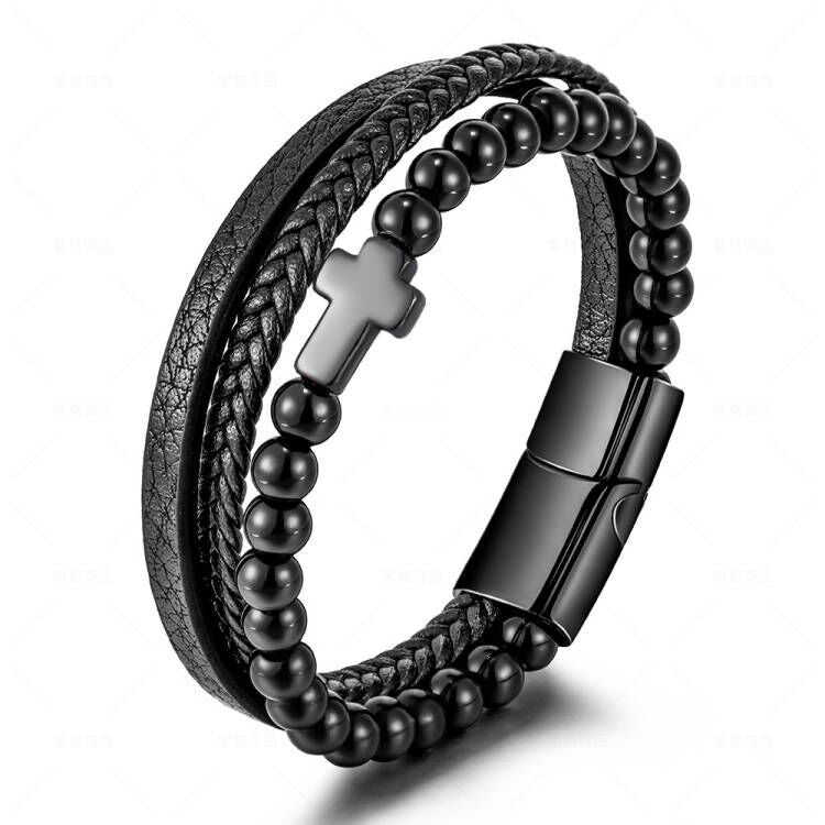 Pulsera cruzada de acero inoxidable multicapa para hombre