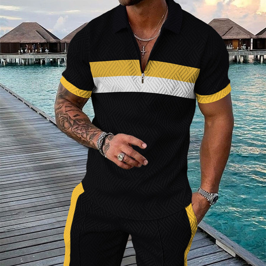 Men's Summer Fashion 3D Printed Short Sleeve Geometric Zip Lapel Shirt Set