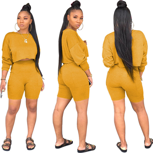 Ladies Fashion Round Neck Long Sleeve Sweatshirt Shorts Set Two Piece Set