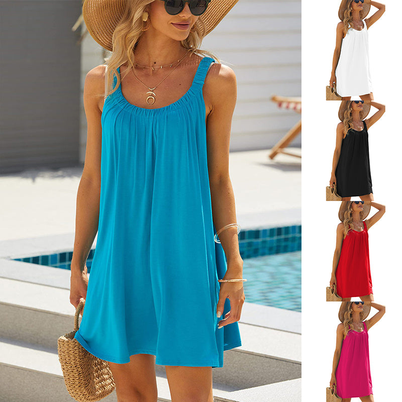 Solid Color Loose Beach Dress Casual Vacation Suspender Dresses Summer Round-neck Womens Clothing