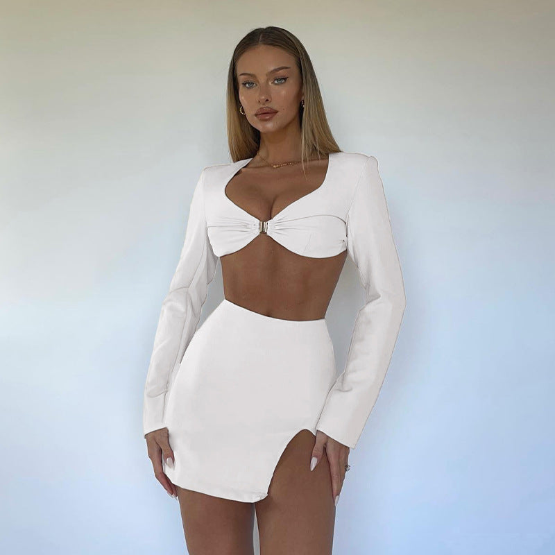 Long Sleeve Cutout T-Shirt Irregular Skirt Two Piece Set