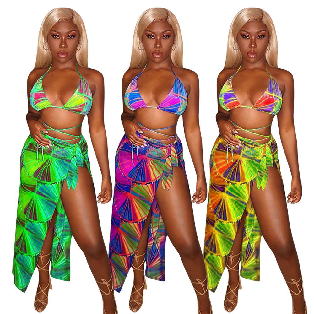 Split Swimsuit Summer Bikini Three-piece Print Beach Suit Swimming Sportswear