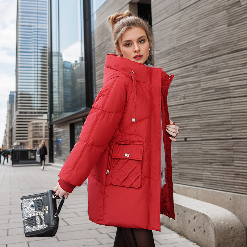 Winter Warm Hooded Coat With Pockets Fashion Solid Color Thicken Straight Cotton Jacket For Women Outerwear Clothing