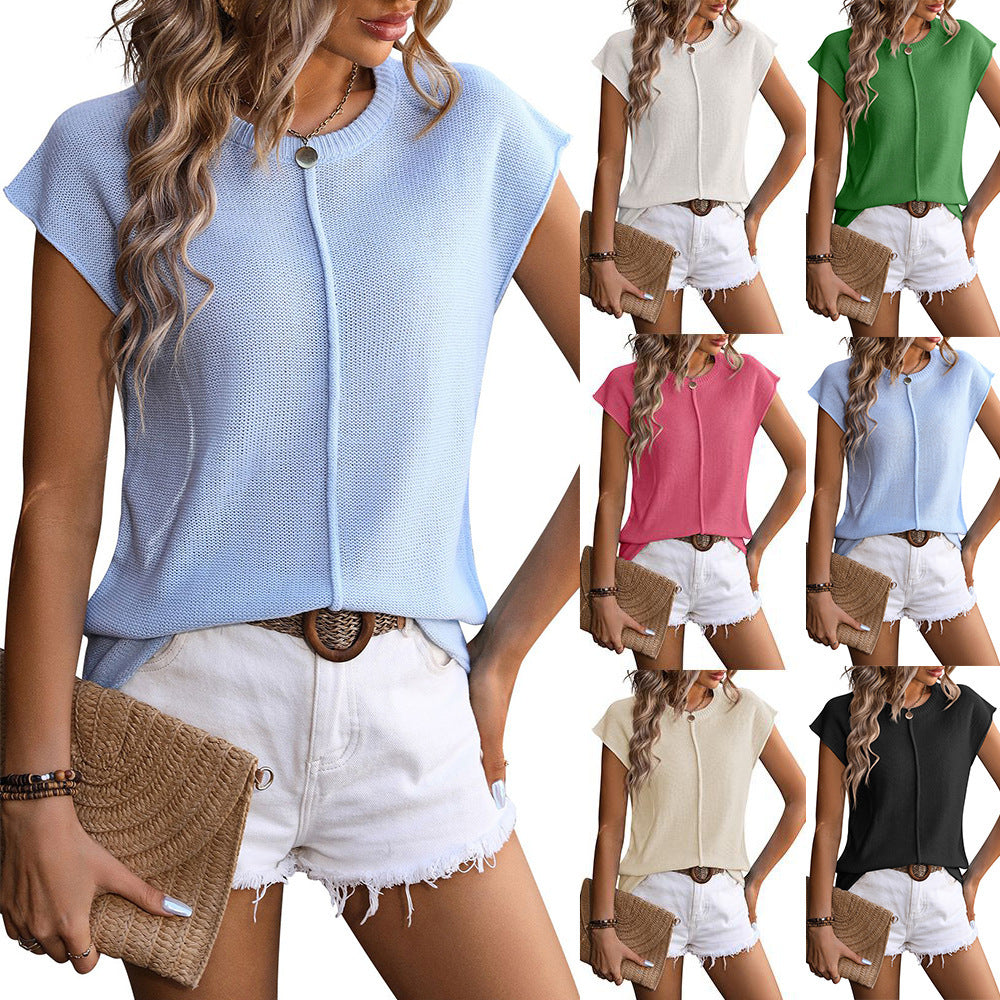 New Knitted Round Neck Short-sleeved Top Summer Casual Loose Solid Color T-shirt Womens Clothing