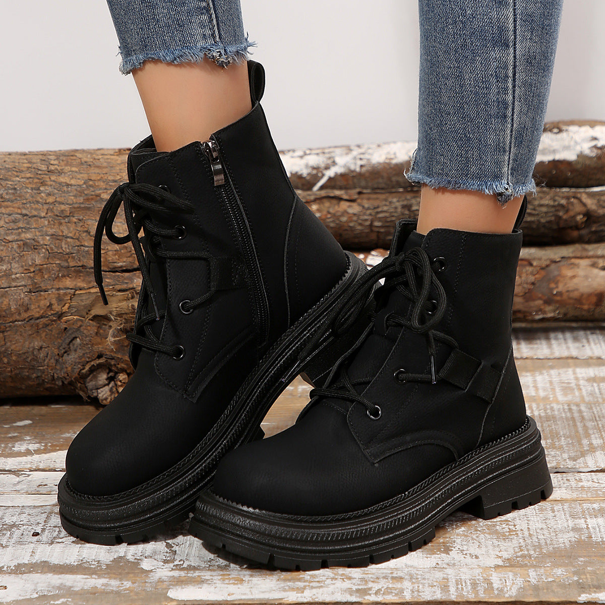 Square-heeled Lace-up Boots For Women Fall Winter All-match Slim Shoes Fashion Ankle Boot