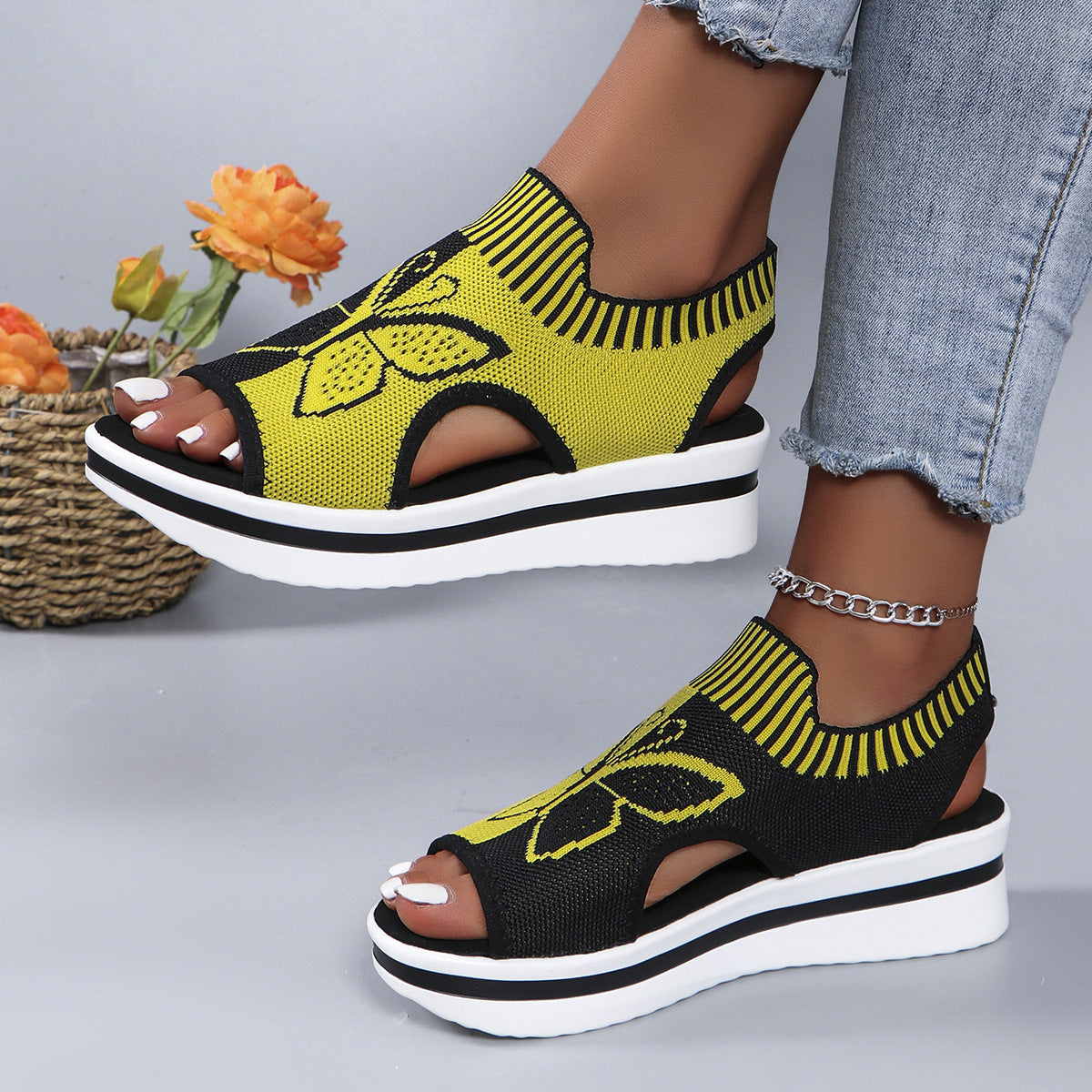 Summer Butterfly Print Sports Sandals Casual Breathable Flying Woven Flat Shoes For Women