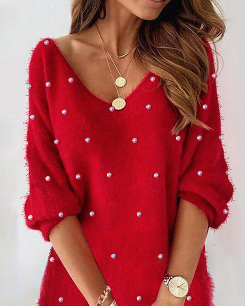 Women's Gorgeous Red Foam Beads Plain Plush Dress