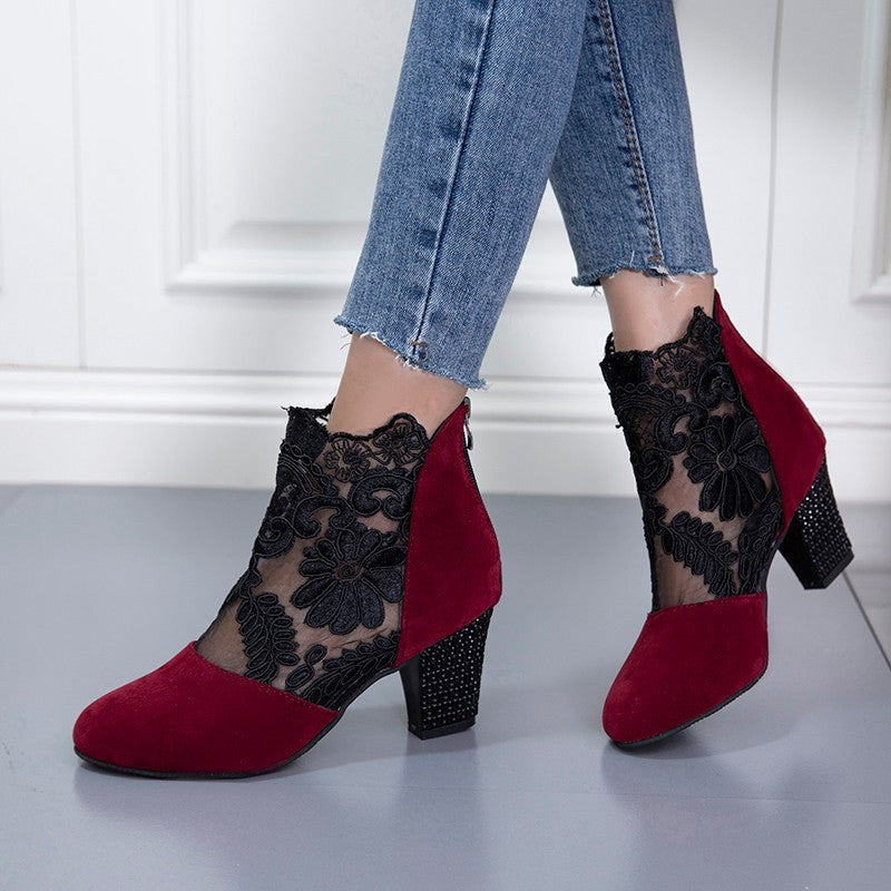 Fashion Lace Round Toe Women's Thick Heel Shoes