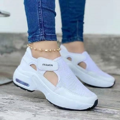 Large Size Thick-soled Old Shoes Wedge Heel Velcro Casual Single Shoes Breathable Flying Woven Sneakers Women