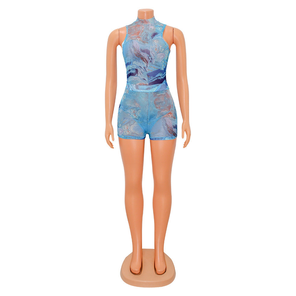 Women's Skinny Mesh Sheer Print Shorts Two-Piece Set