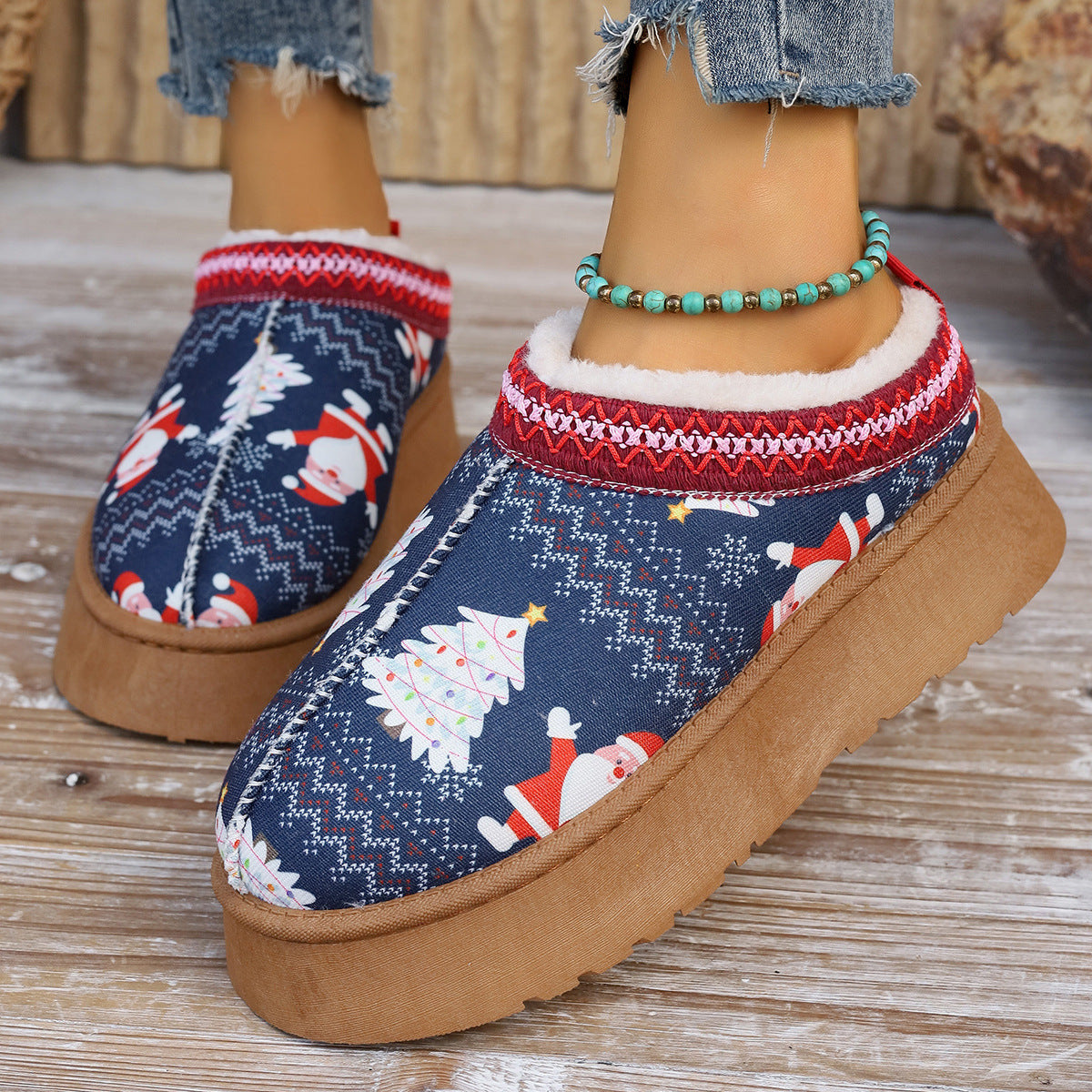 Damen-Stiefeletten mit Cartoon-Weihnachtsdruck, lässige Slip-on-Plüsch-gefütterte Hausschuhe, bequeme Winter-Kurzstiefel