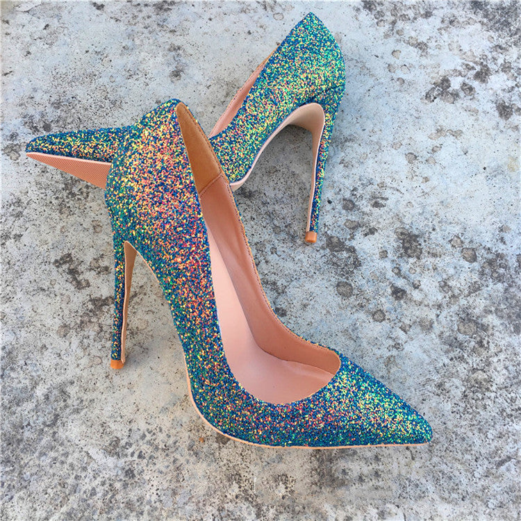 Women's Stiletto Heel Pointed-toe Fashion Sequined Green High Heels