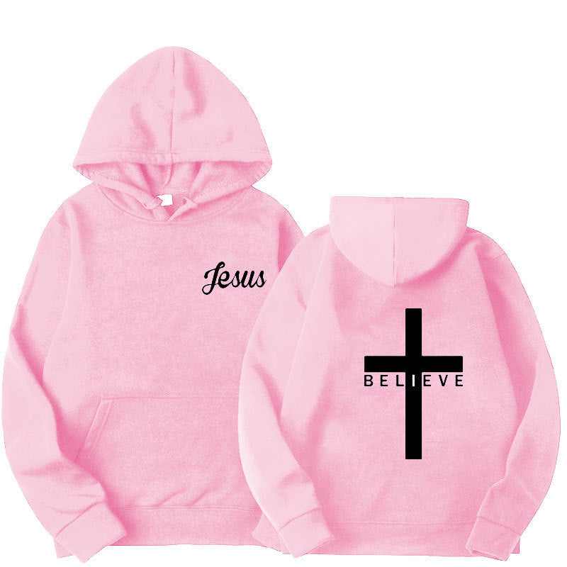 Believe Cross Printed Hoodie Men's Pattern Drawstring