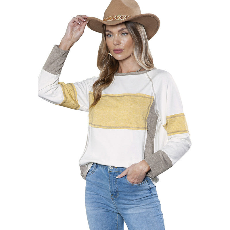 Color Contrast Long Sleeve T-shirt Women's Casual Loose Striped Patchwork Round Neck Pullover