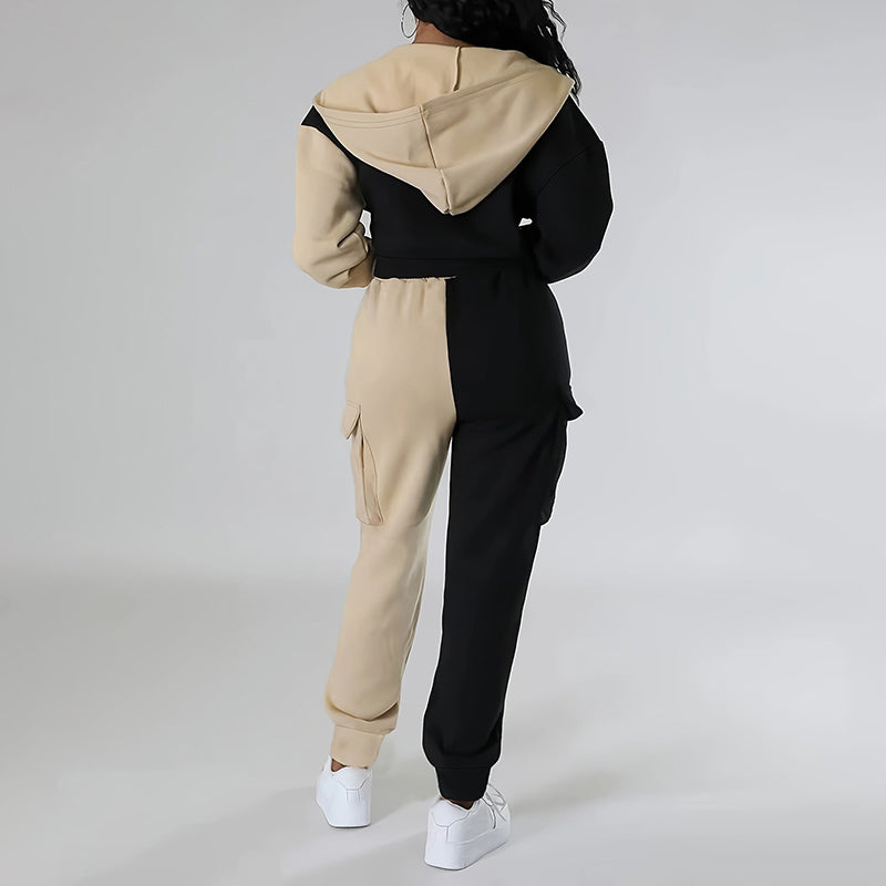 Women's Color Block 2 Piece Set, Full Zip Up Cropped Hoodie Jacket & Drawstring Cargo Pants, Casual Streetwear Outfit