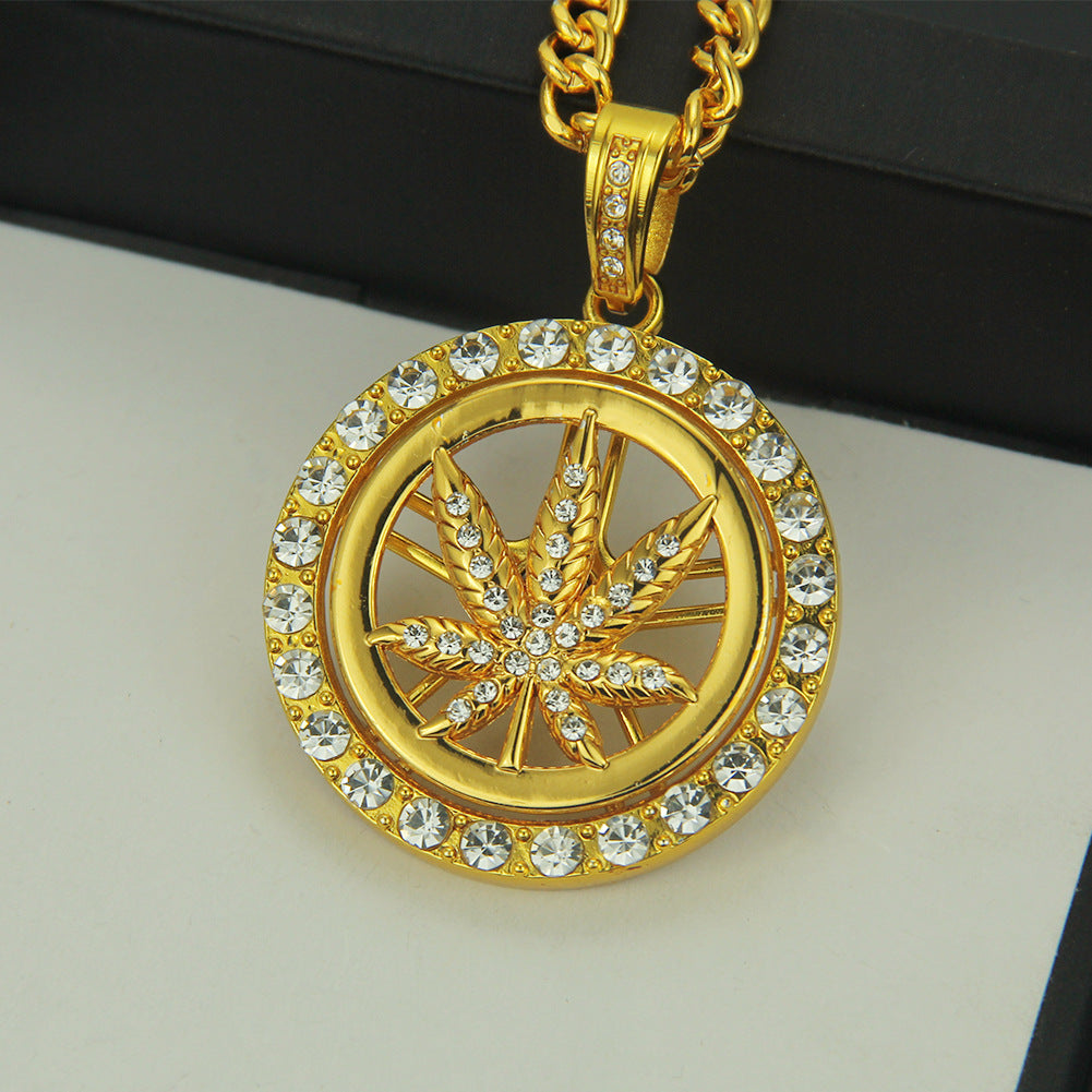 European Hip Hop Diamond Maple Leaf Turntable Necklace For Men