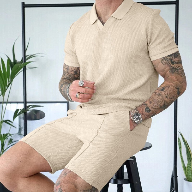 Men's Fashion Waffle V-neck Short-sleeved Shorts Two-piece Set