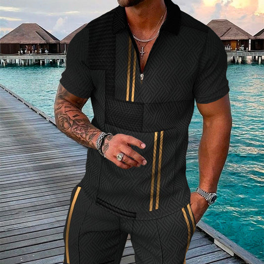 Men's Summer Fashion 3D Printed Short Sleeve Geometric Zip Lapel Shirt Set