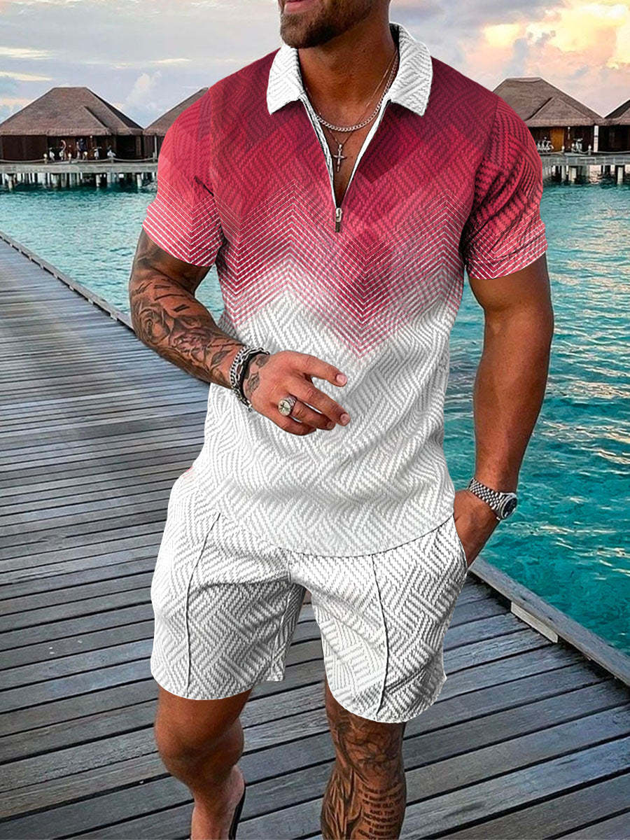 Men's Summer Fashion 3D Printed Short Sleeve Geometric Zip Lapel Shirt Set