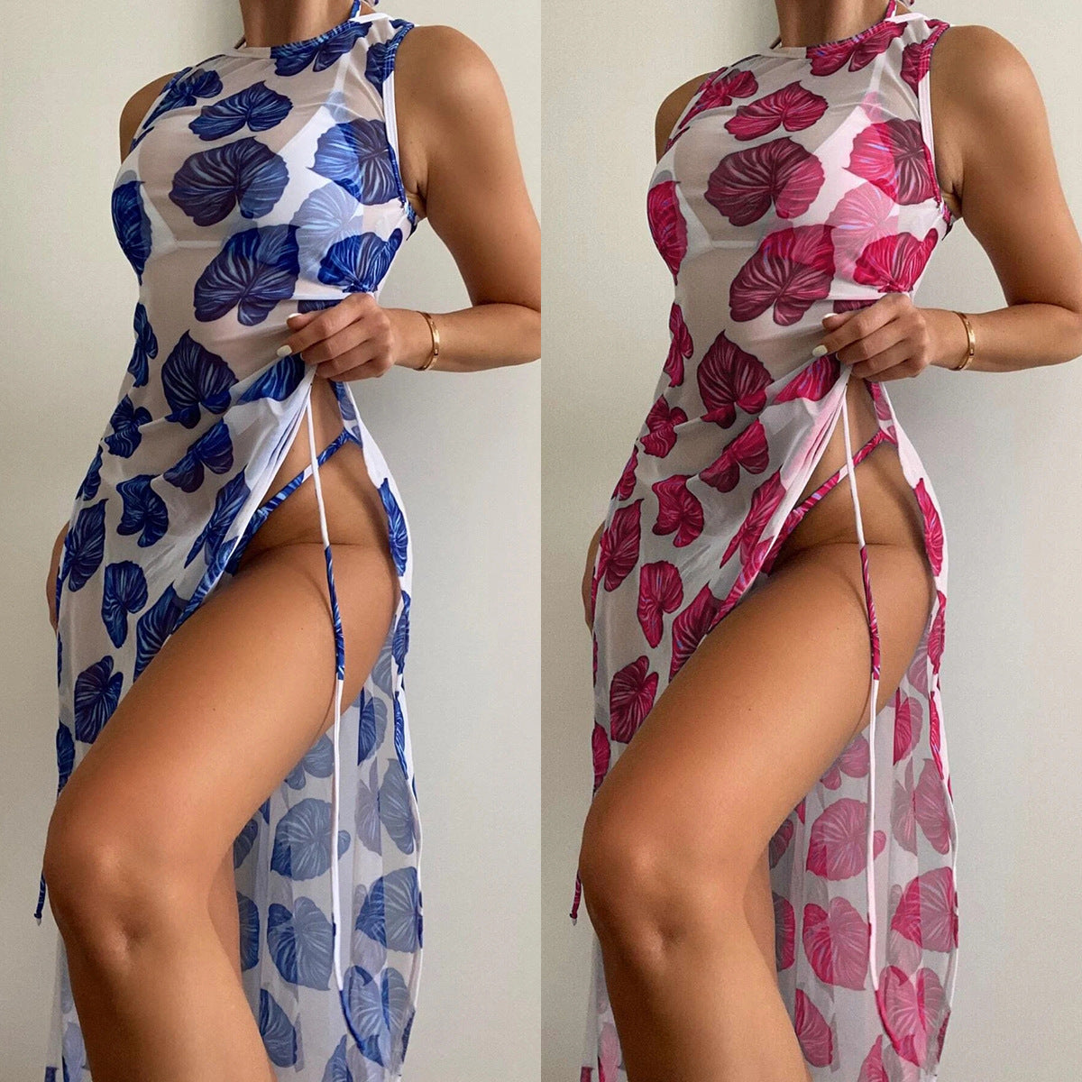 Swimsuit Women's Split Three-point Backless Print Mesh Three-piece Suit