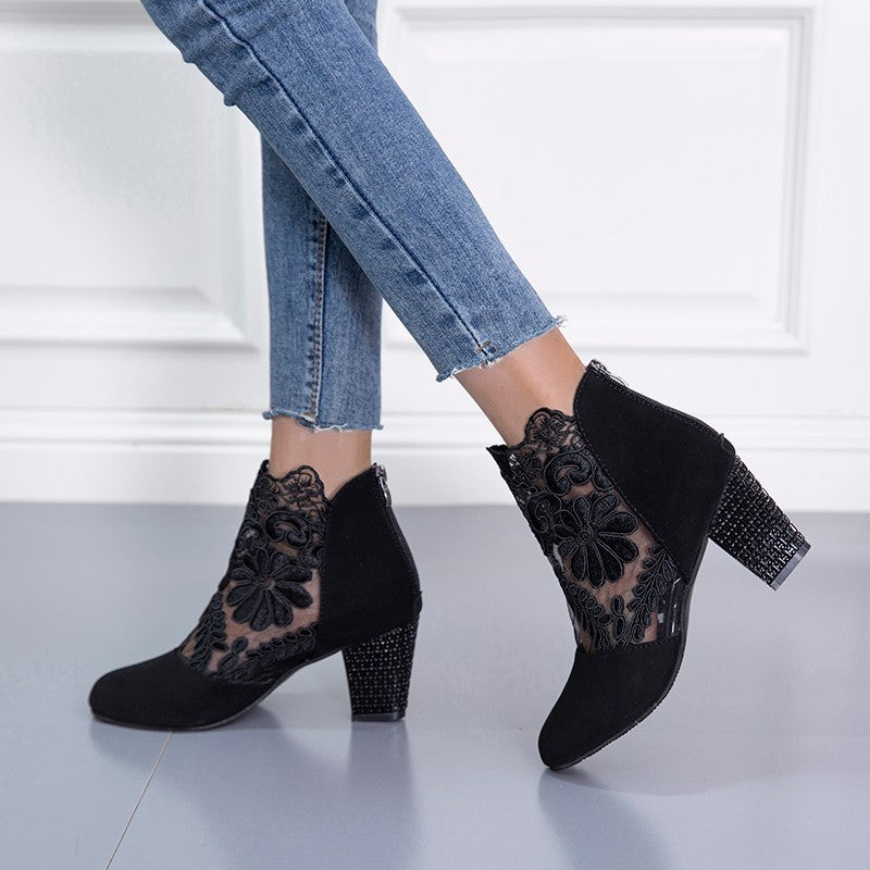 Fashion Lace Round Toe Women's Thick Heel Shoes