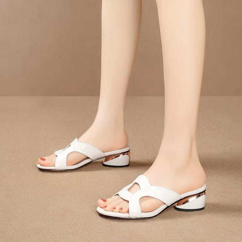 Fashionable Square Heels Wearing Flip-flops