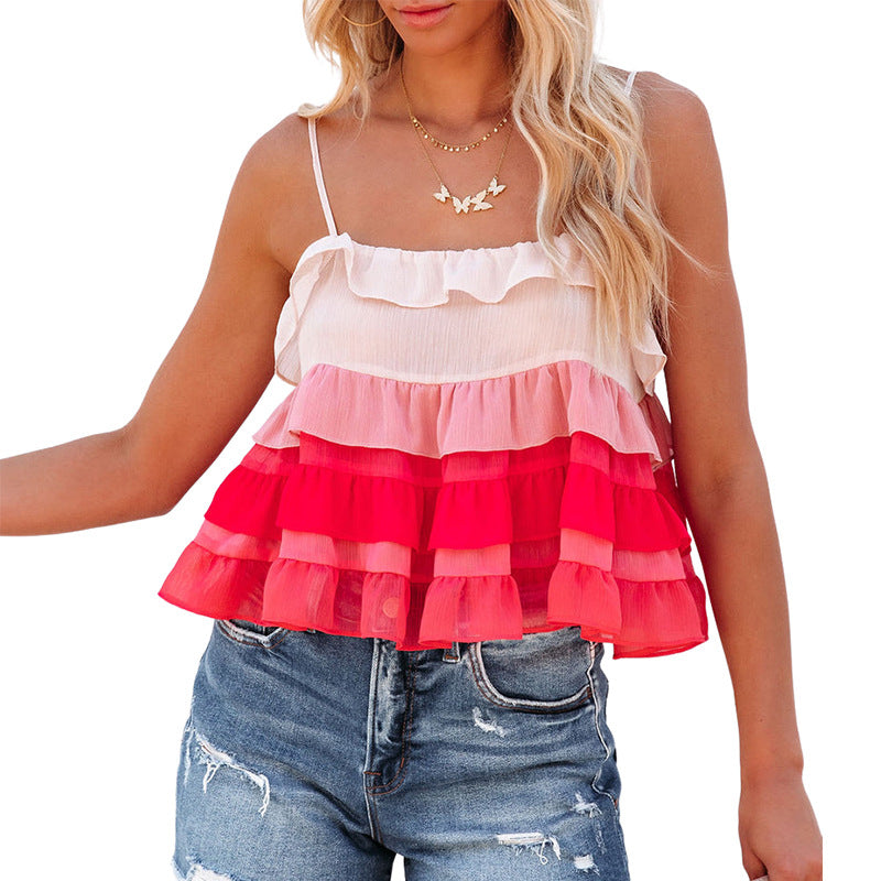 Gradient Ruffled Spaghetti Strap Tank Top Women's Summer New Tube Top