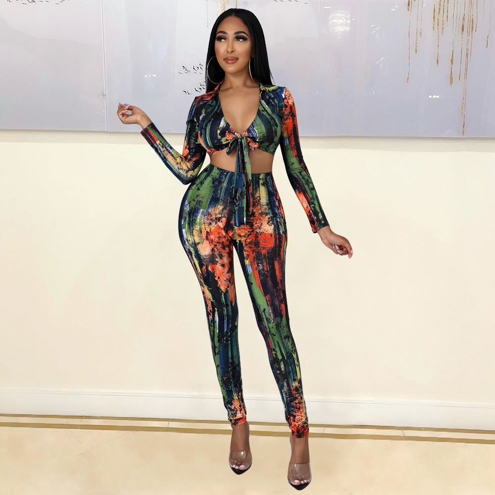 Sexy Tight-Fitting Printed Lace-Up Two-Piece Long-Sleeved Suit