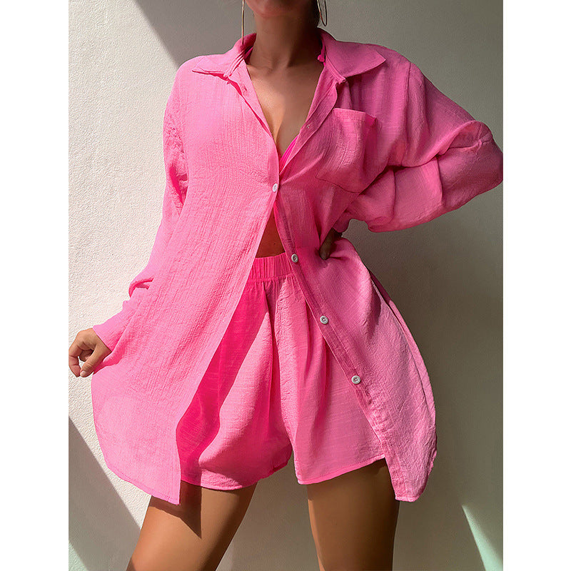 Women's Fashion Solid Color Shirt And Shorts Set