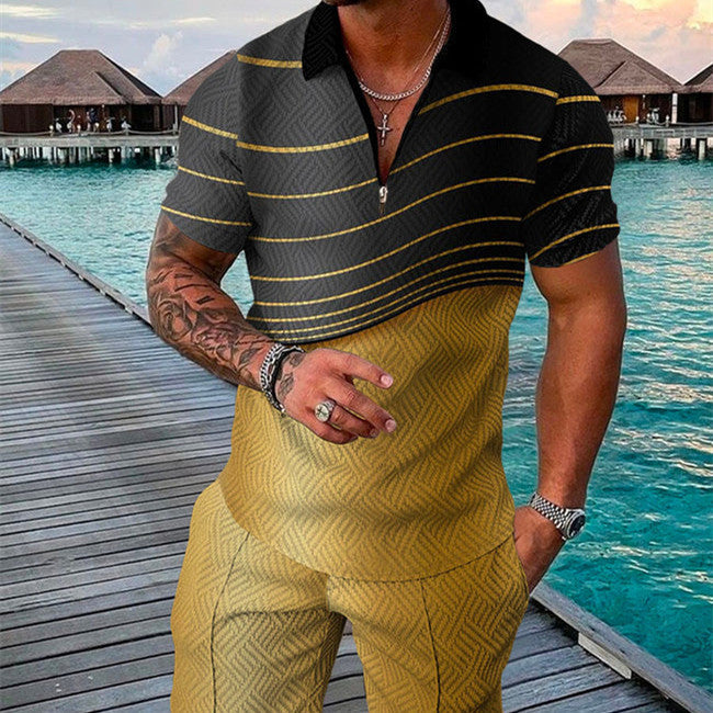 Men's Summer Fashion 3D Printed Short Sleeve Geometric Zip Lapel Shirt Set