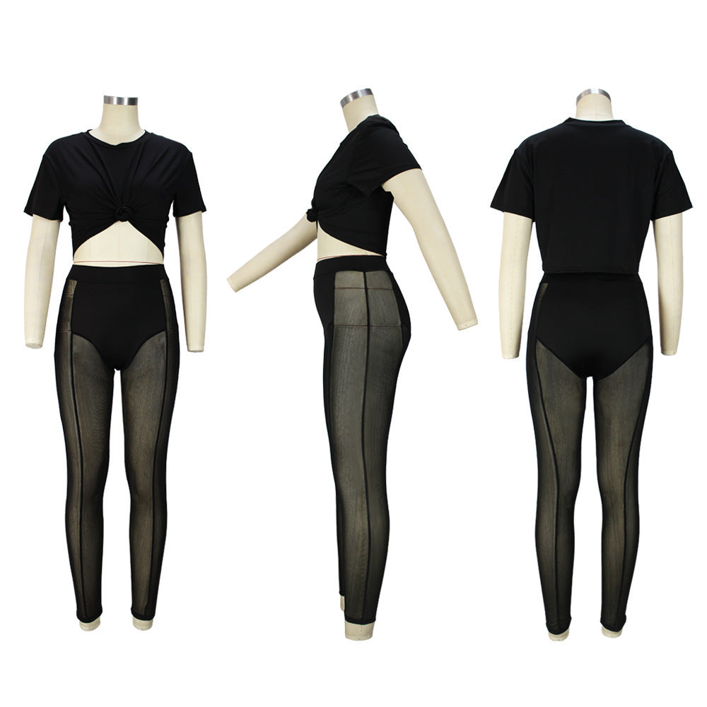 Short-sleeved T-shirt Top Panel Mesh Trousers Two-piece Set