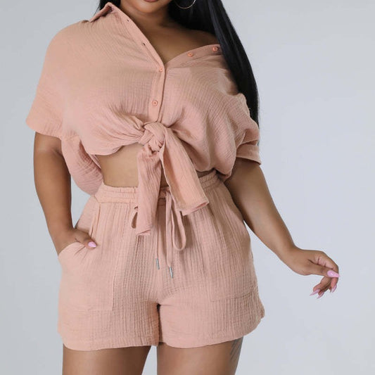 Solid Casual Shorts Two-piece Set