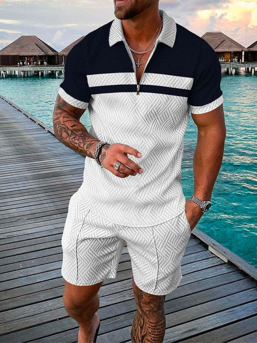 Men's Summer Fashion 3D Printed Short Sleeve Geometric Zip Lapel Shirt Set