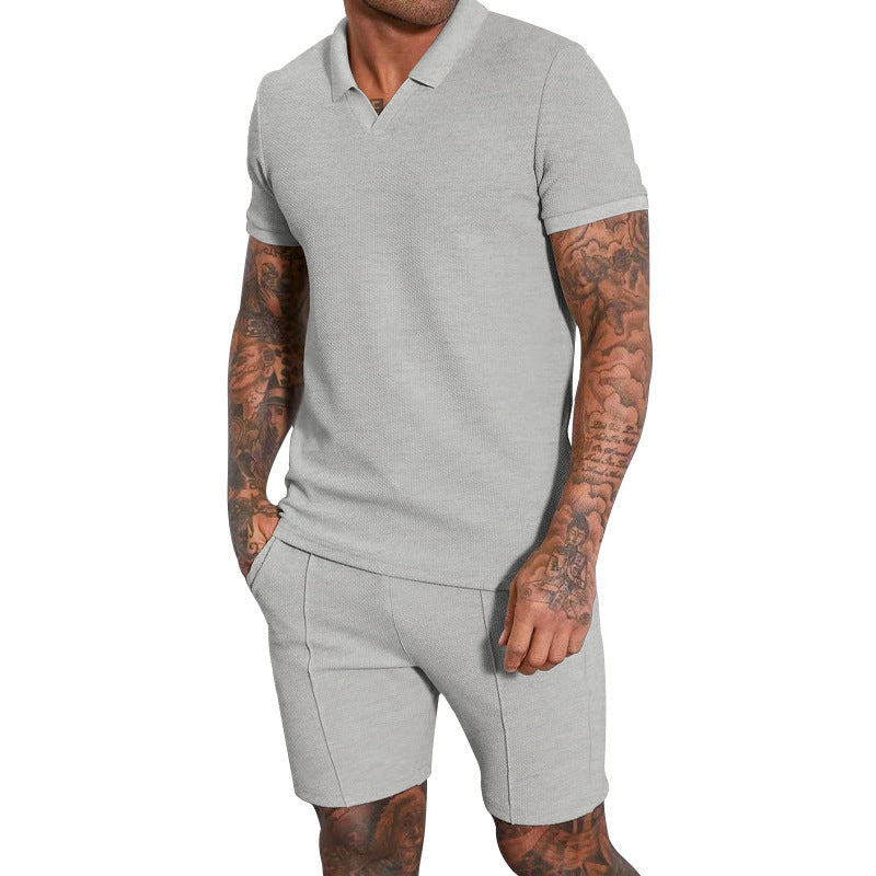 Men's Fashion Waffle V-neck Short-sleeved Shorts Two-piece Set