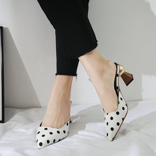 Women's Thick High Heel Square Toe Polka Dot Round Buckle Slippers