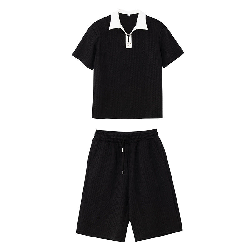 Men's Braided Embossed Lapel Short Sleeve Shorts Set