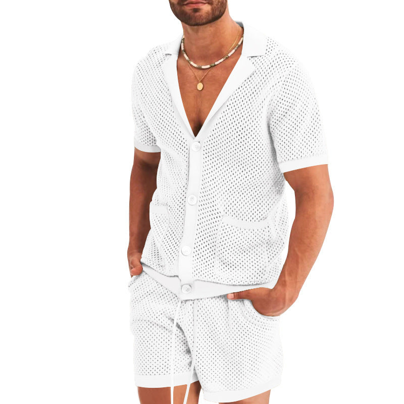 Men's Fashion Casual Hollow Short-sleeved Shorts Set