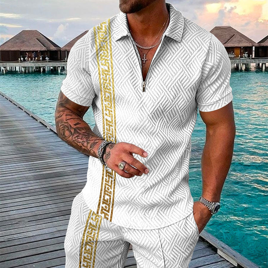 Men's Summer Fashion 3D Printed Short Sleeve Geometric Zip Lapel Shirt Set