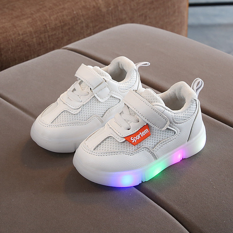 Colorful Luminous Leather Sneakers, LED Flashlight White Shoes, Mesh Breathable Sneakers