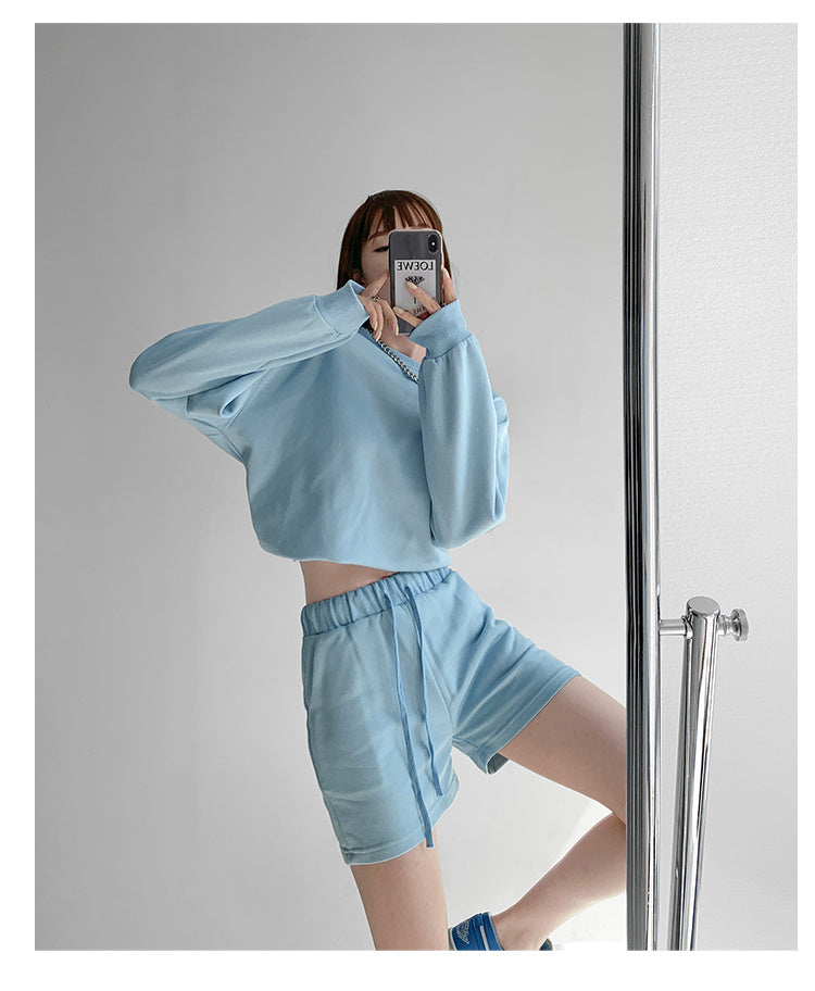 Women's Spring And Autumn Round Neck Long Sleeve Casual Sports Shorts Two-piece Suit