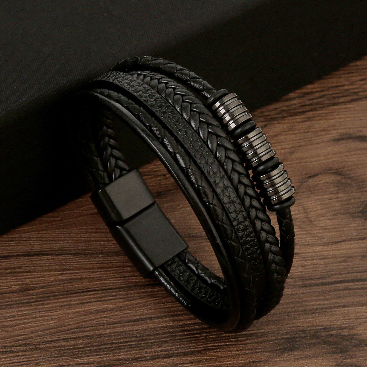 Stainless Steel Men's Leather Magnetic Buckle Woven Bracelet