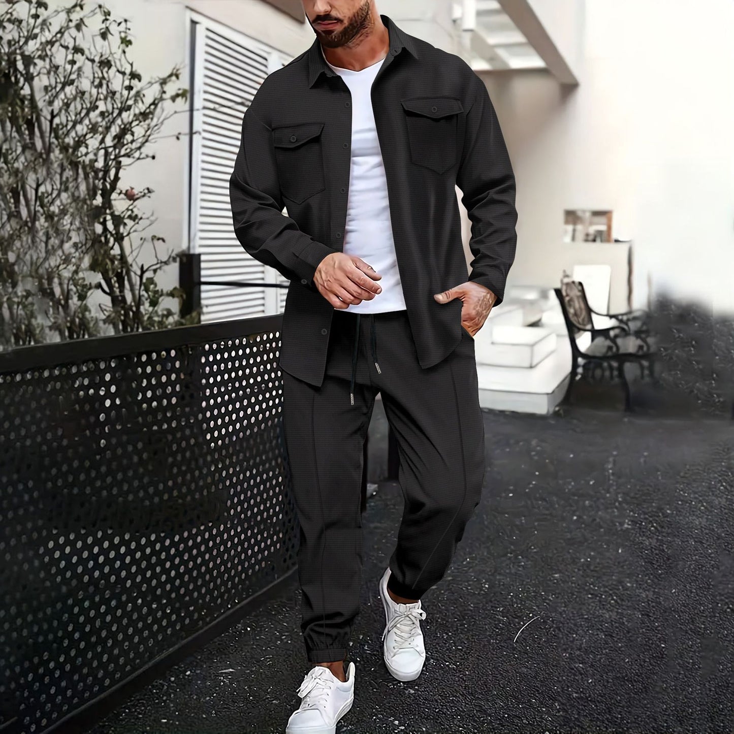 Double Pocket Printed Men's Casual Long Sleeve Shirt Trousers