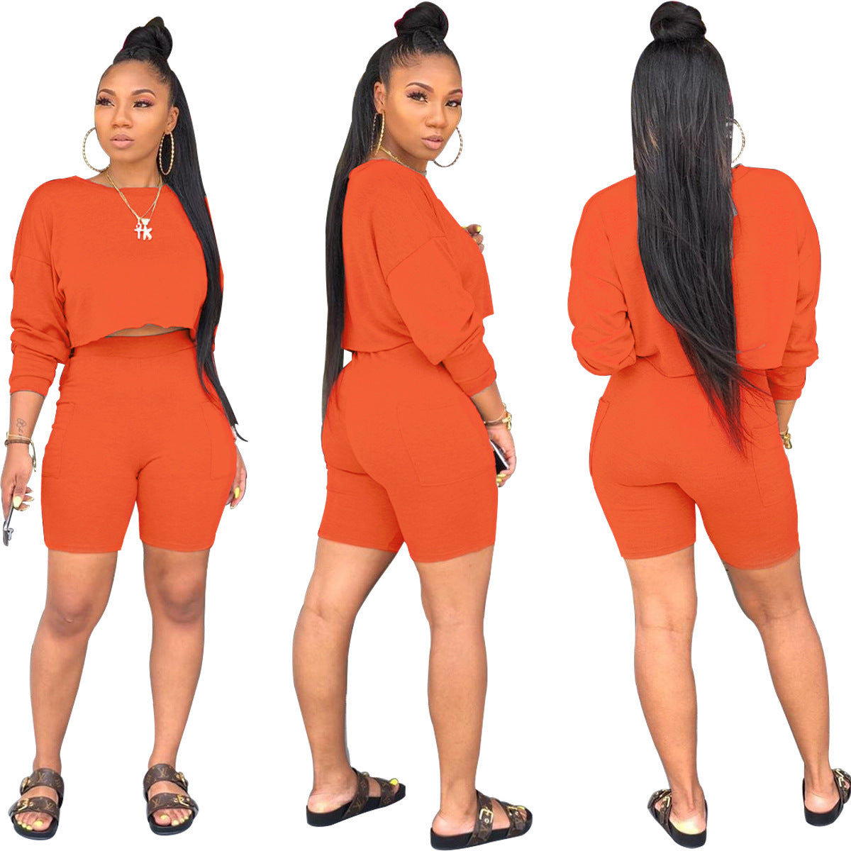 Ladies Fashion Round Neck Long Sleeve Sweatshirt Shorts Set Two Piece Set