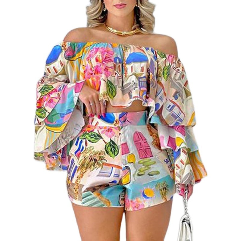 Women's Fashion Print Tops Shorts Set