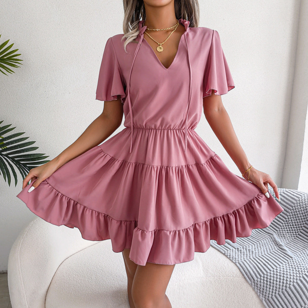 Female Flounced Skirt Ribbon Big Hem A- Line Skirt Solid Color Dress