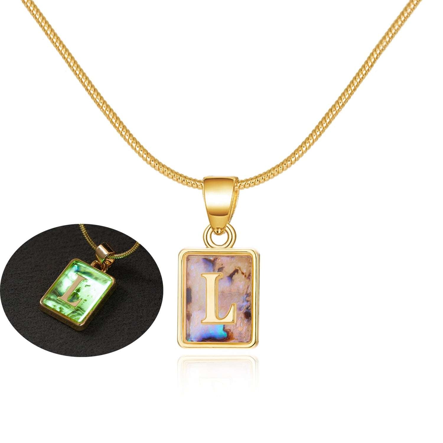 26 Letter Square Necklace Colorful Shell Luminous Pendant Chain Necklace For Women Temperament Ladies Jewelry